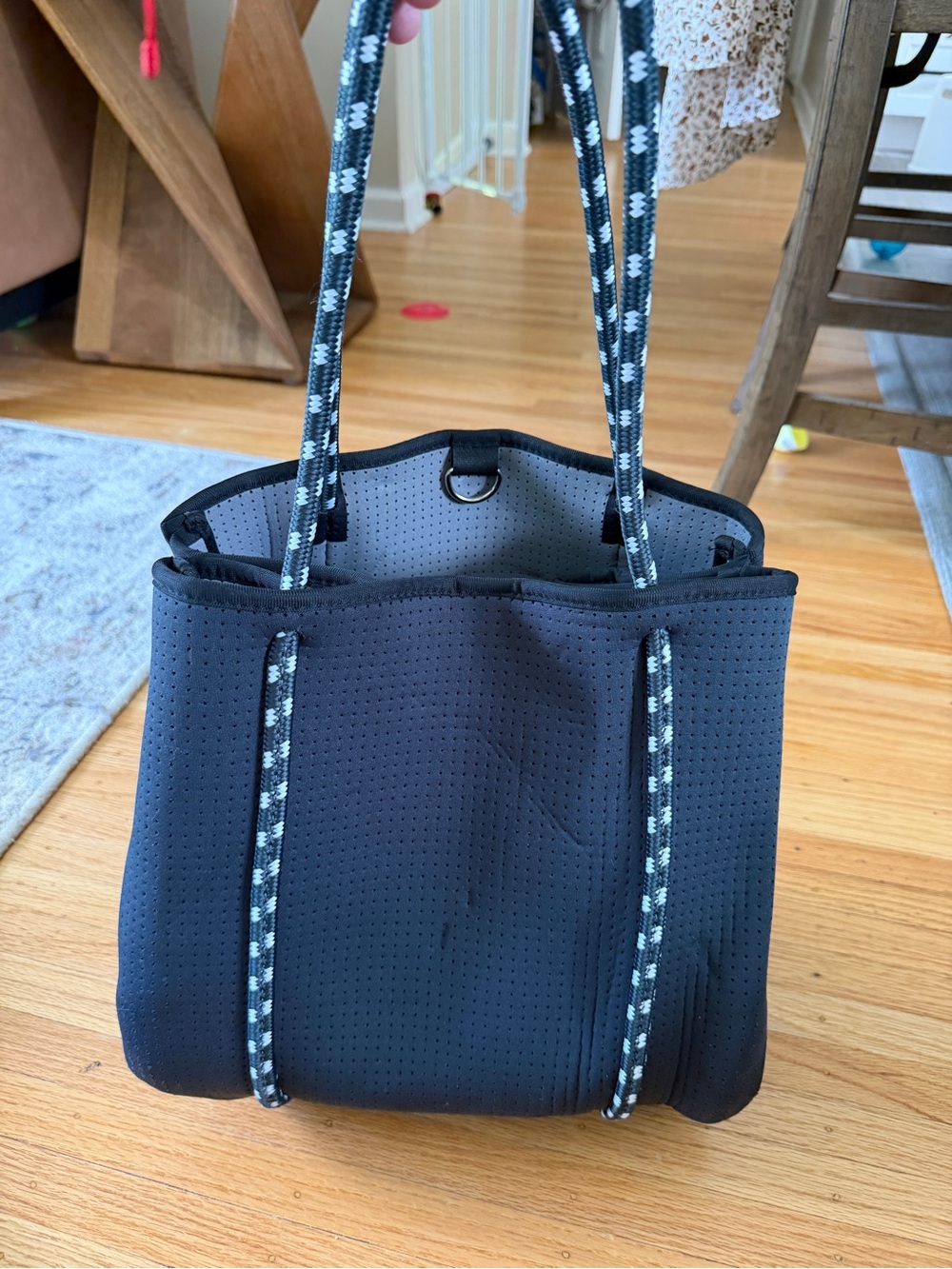 Black Neoprene Tote with Patterned Rope Handles